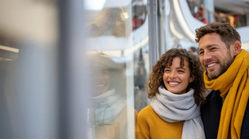 Smiling couple in winter scarves standing on city street near store window display