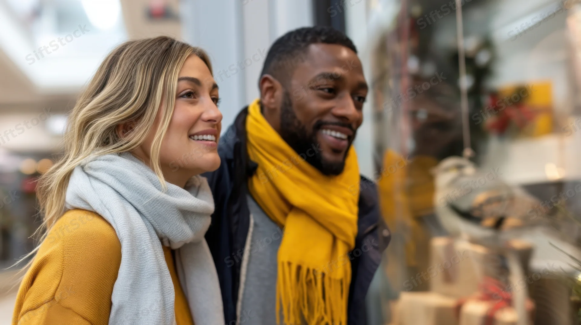 Couple smiling while looking at a holiday store window display in a mall