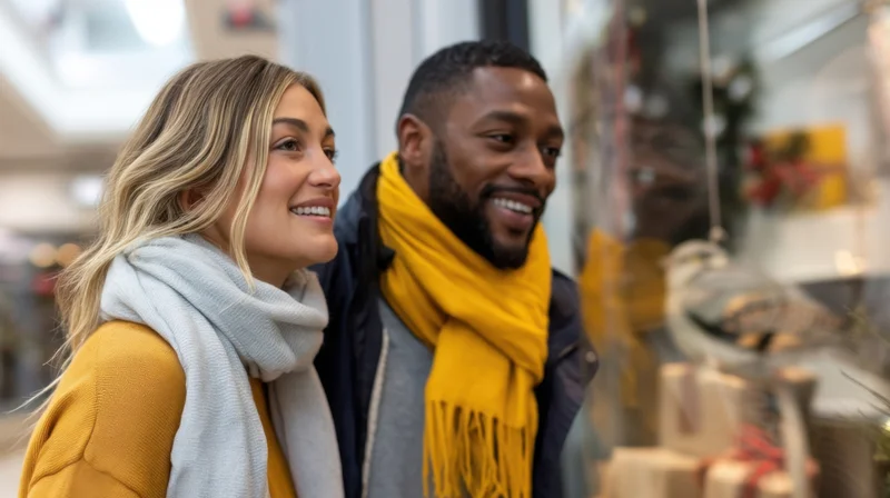 Couple smiling while looking at a holiday store window display in a mall
