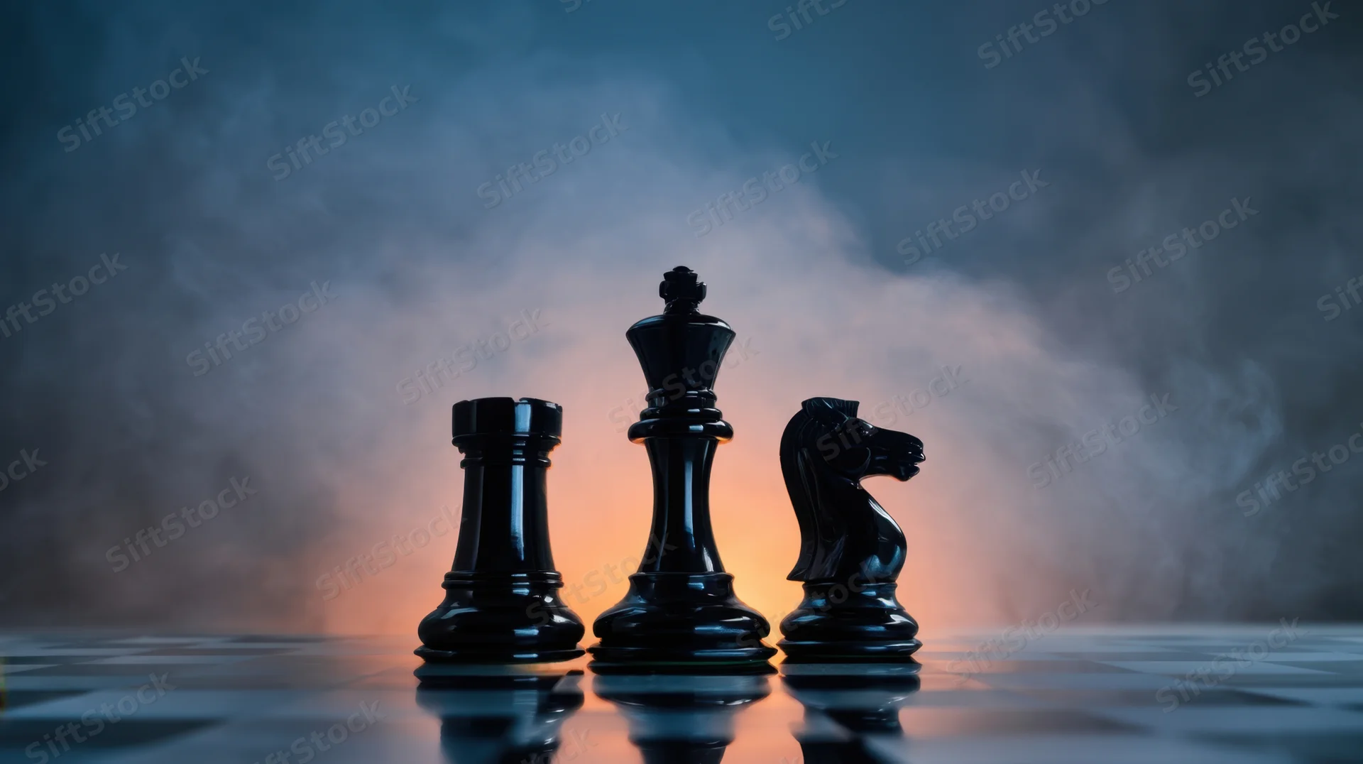 Three black chess pieces standing in a row on a reflective surface with smoke and gradient lighting behind them