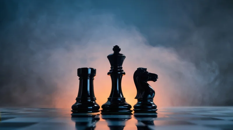 Three black chess pieces standing in a row on a reflective surface with smoke and gradient lighting behind them