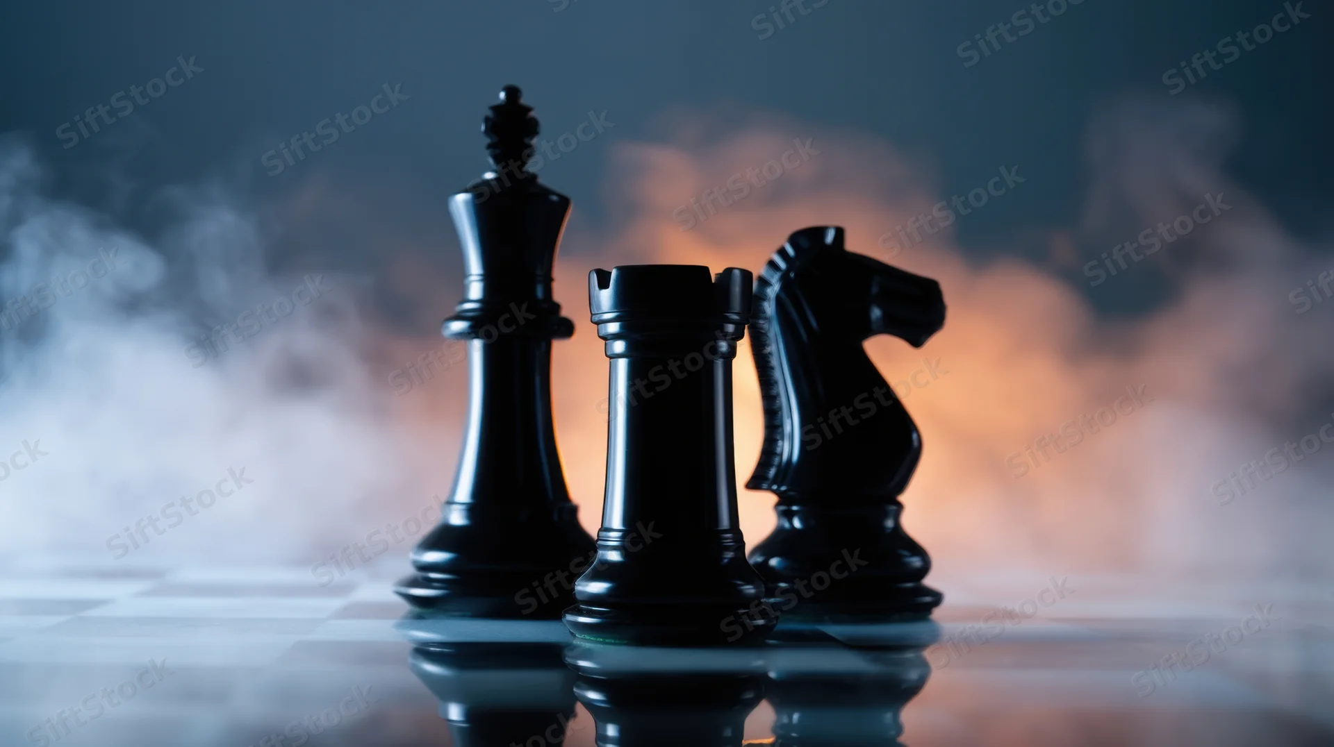 Black chess pieces arranged on a reflective board with smoke in the background