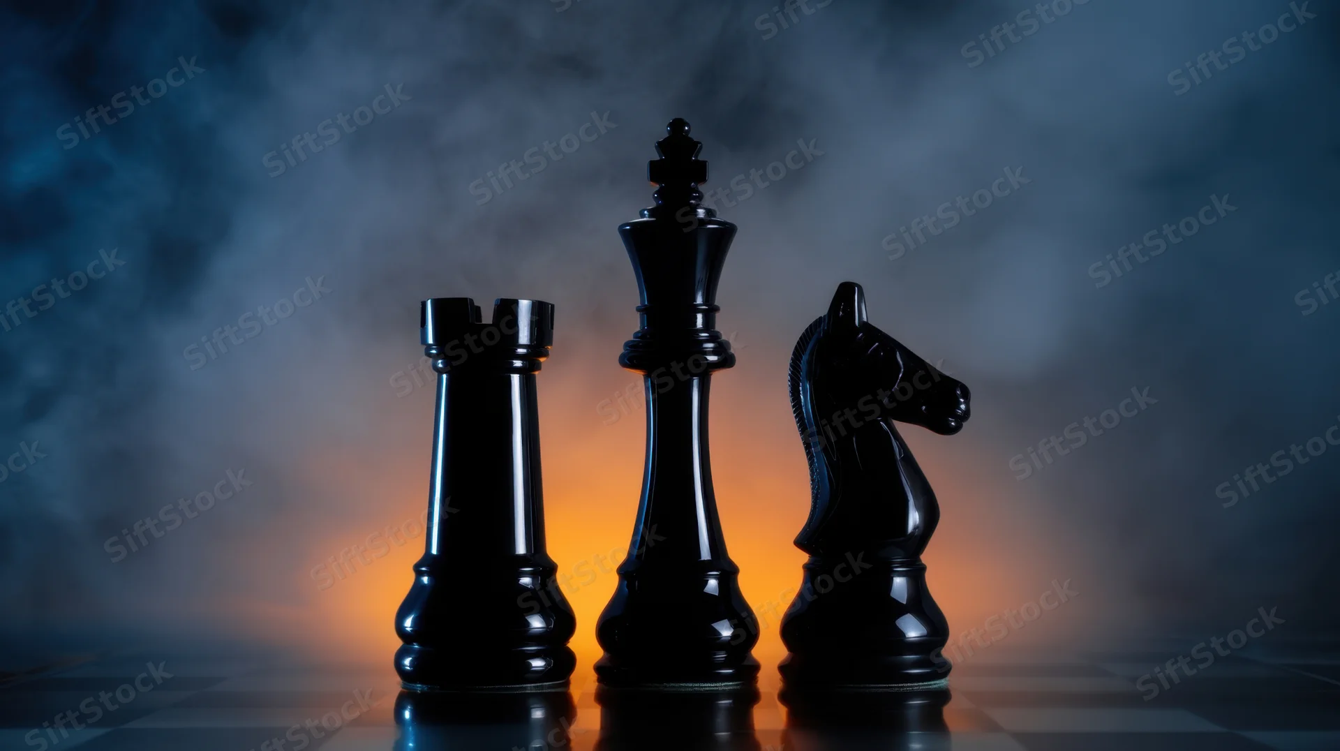 Three black chess pieces standing on a board with smoke and dramatic lighting