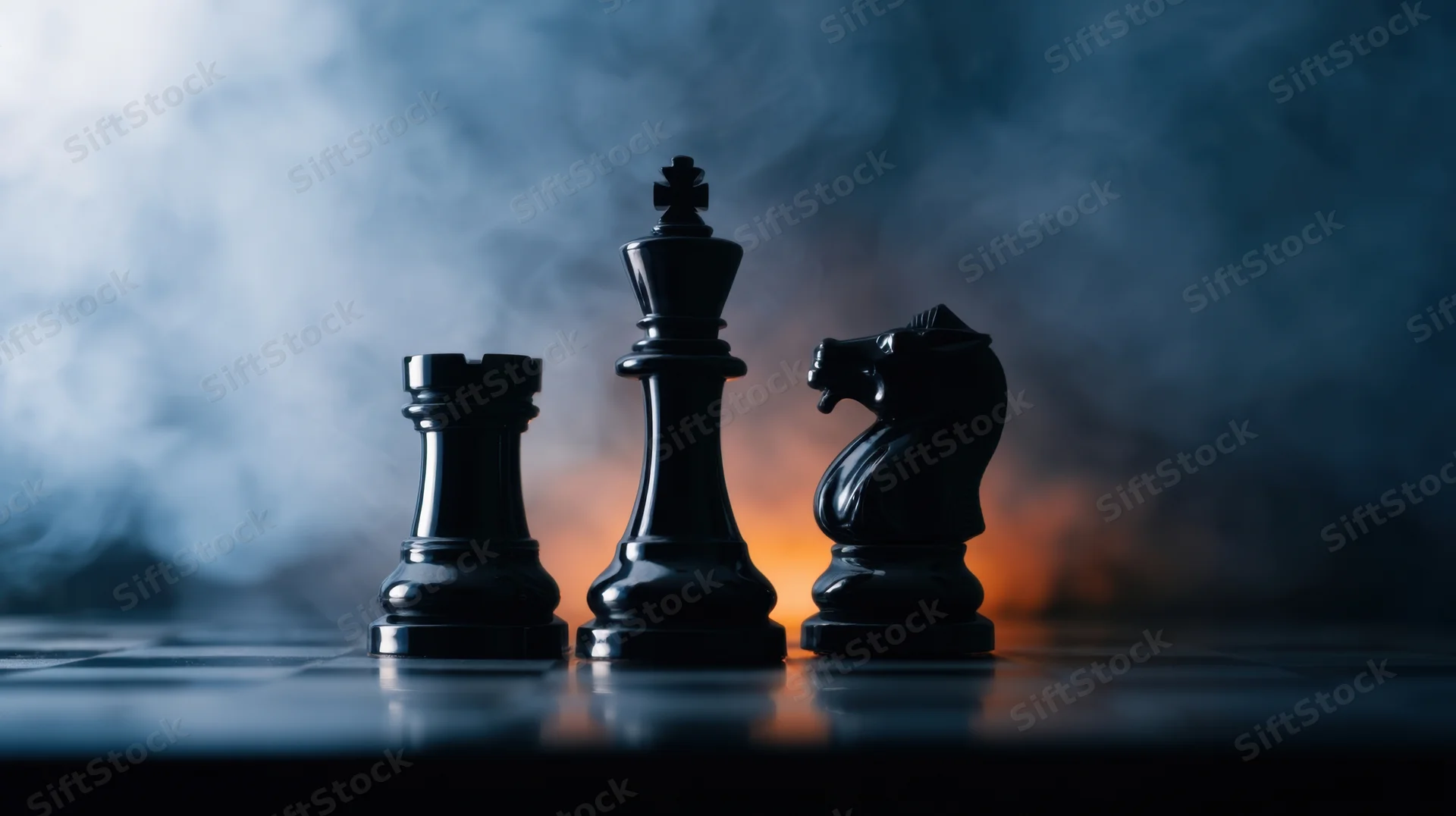 Three black chess pieces standing in a row on a glossy board with smoke and orange backlight