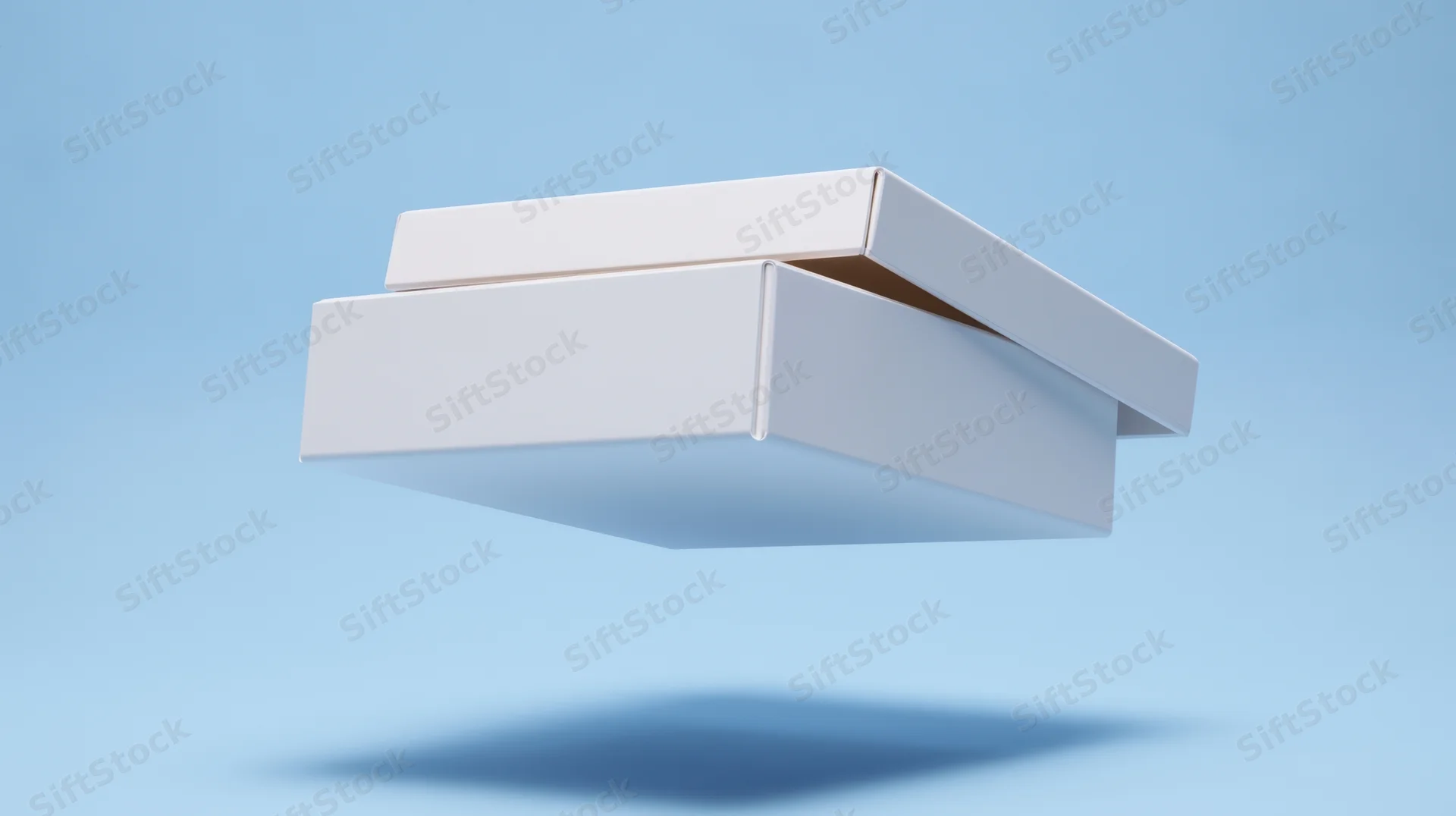 Open white box floating against blue background with shadow below