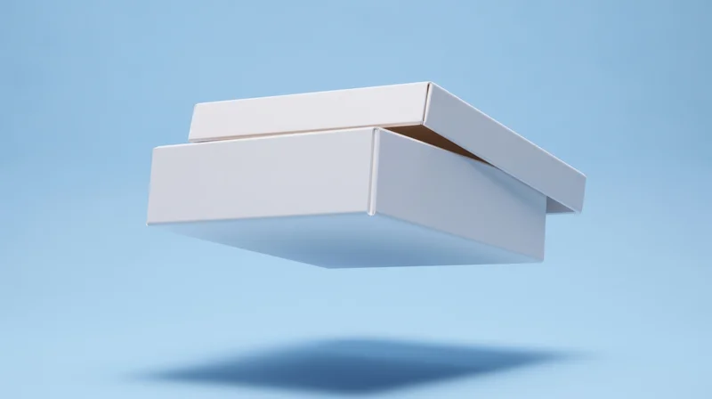 Open white box floating against blue background with shadow below