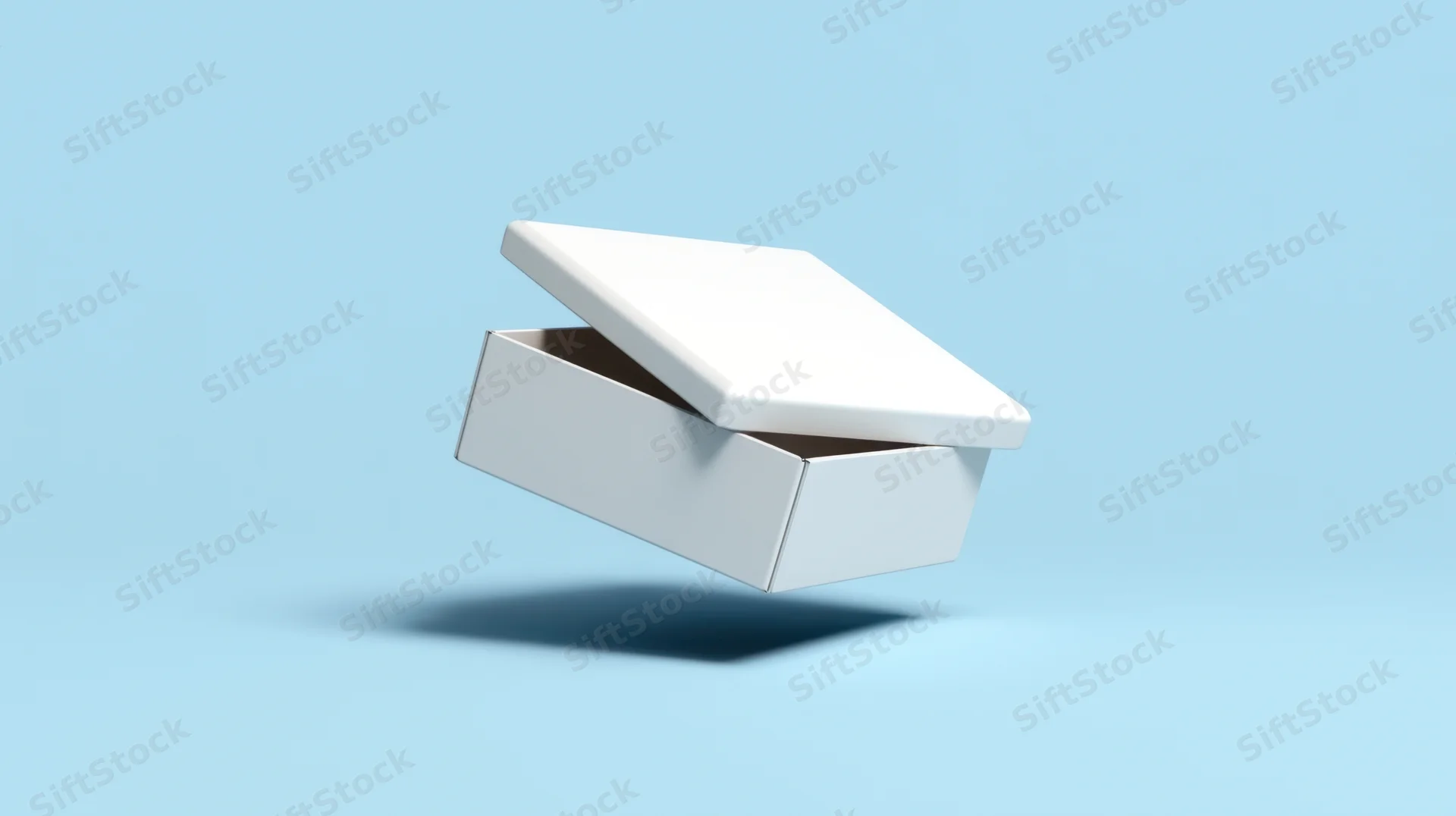Open white box floating against a light blue background with soft shadow