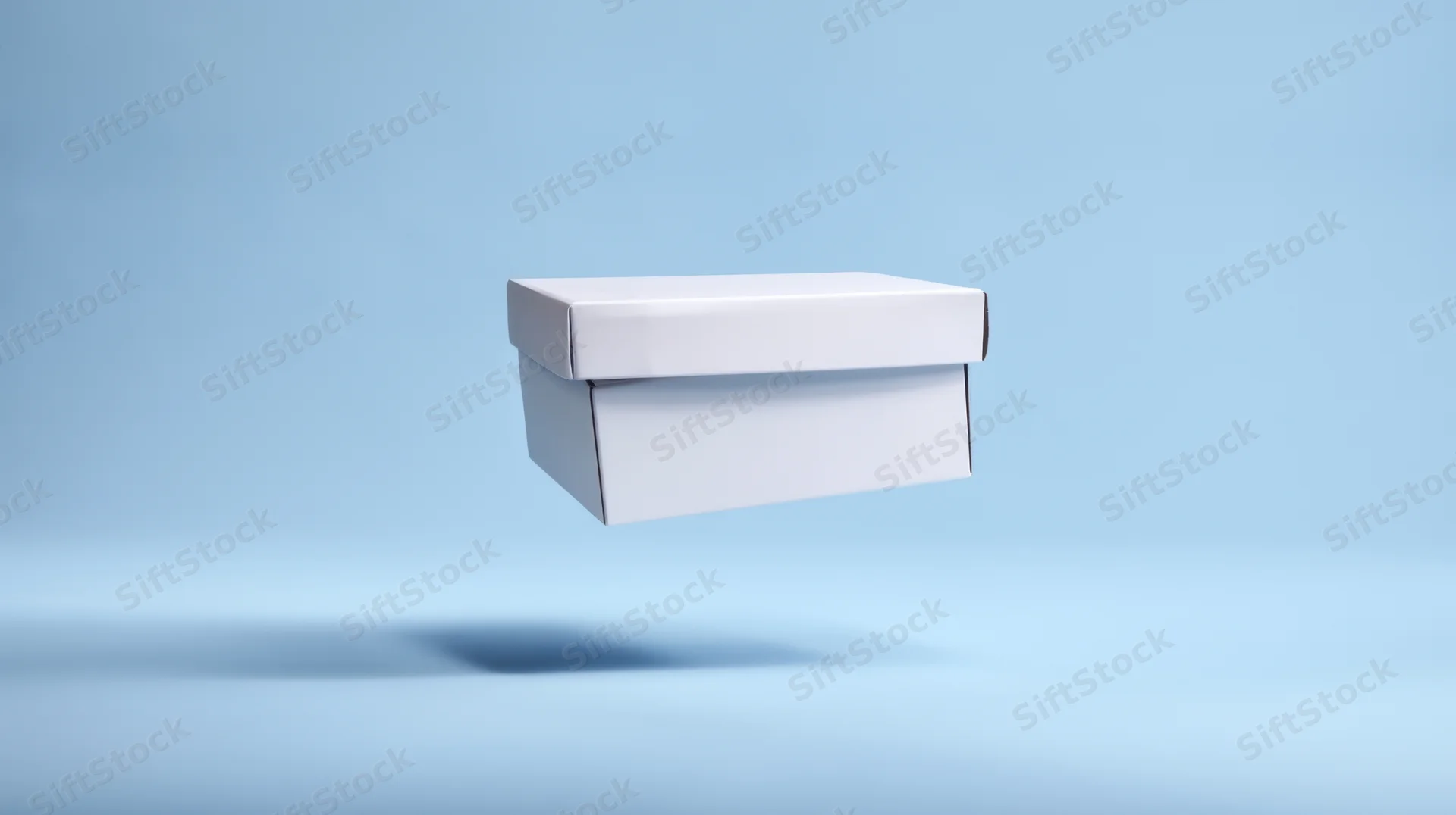 White box floating in mid-air against a light blue background with soft shadow and copyspace