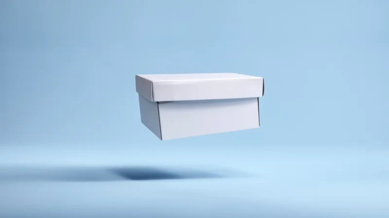 White box floating in mid-air against a light blue background with soft shadow and copyspace
