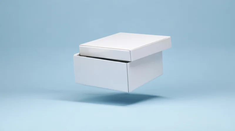 White open box floating against light blue background