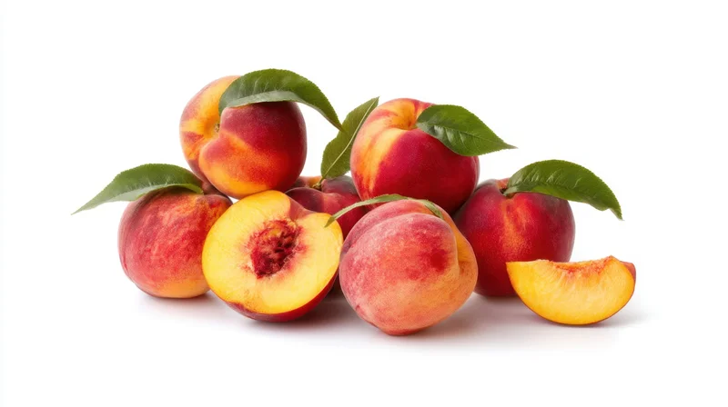 Whole and sliced peaches with green leaves arranged on a white background