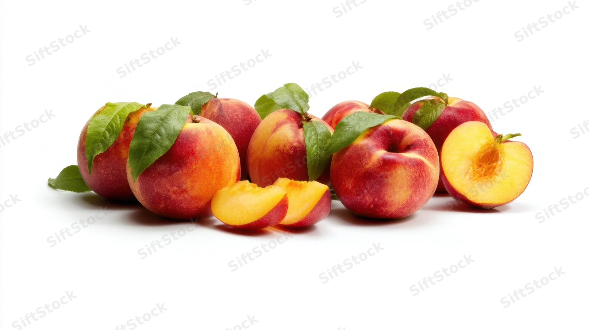 Ripe peaches with leaves arranged in a row on white background