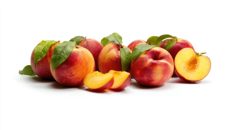 Ripe peaches with leaves arranged in a row on white background