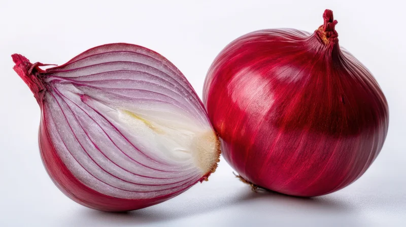 Half and whole red onion on white surface showing layers and skin