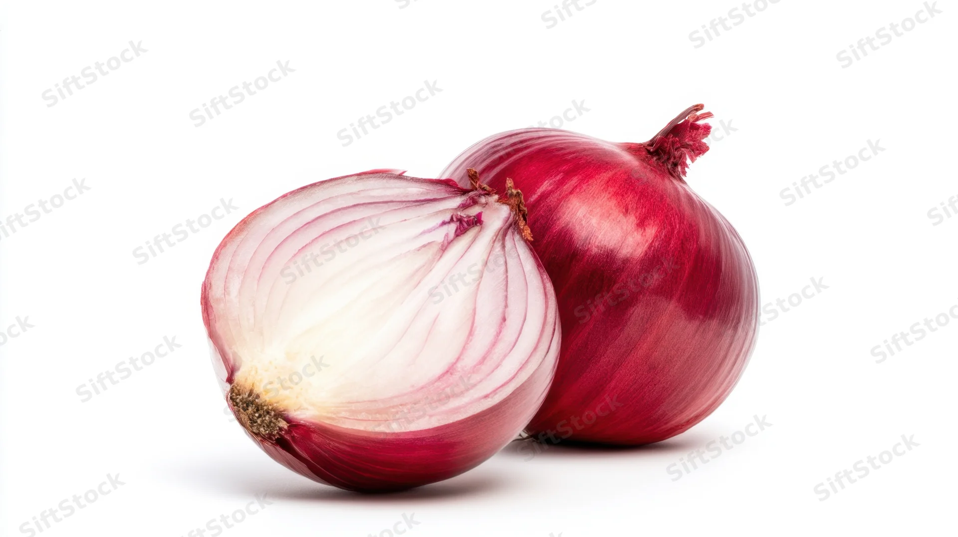 Two red onions, one sliced and one whole, on a white background