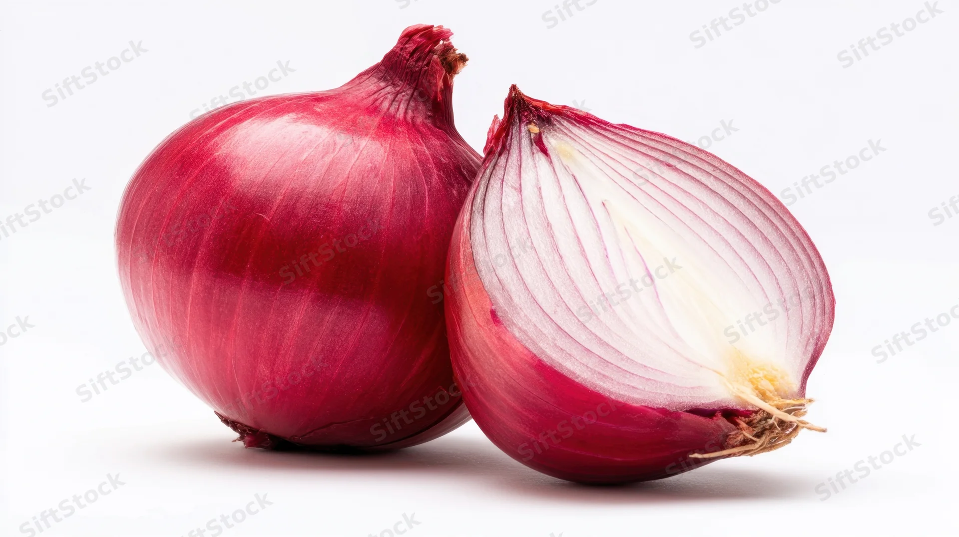 Whole and halved red onion on white background