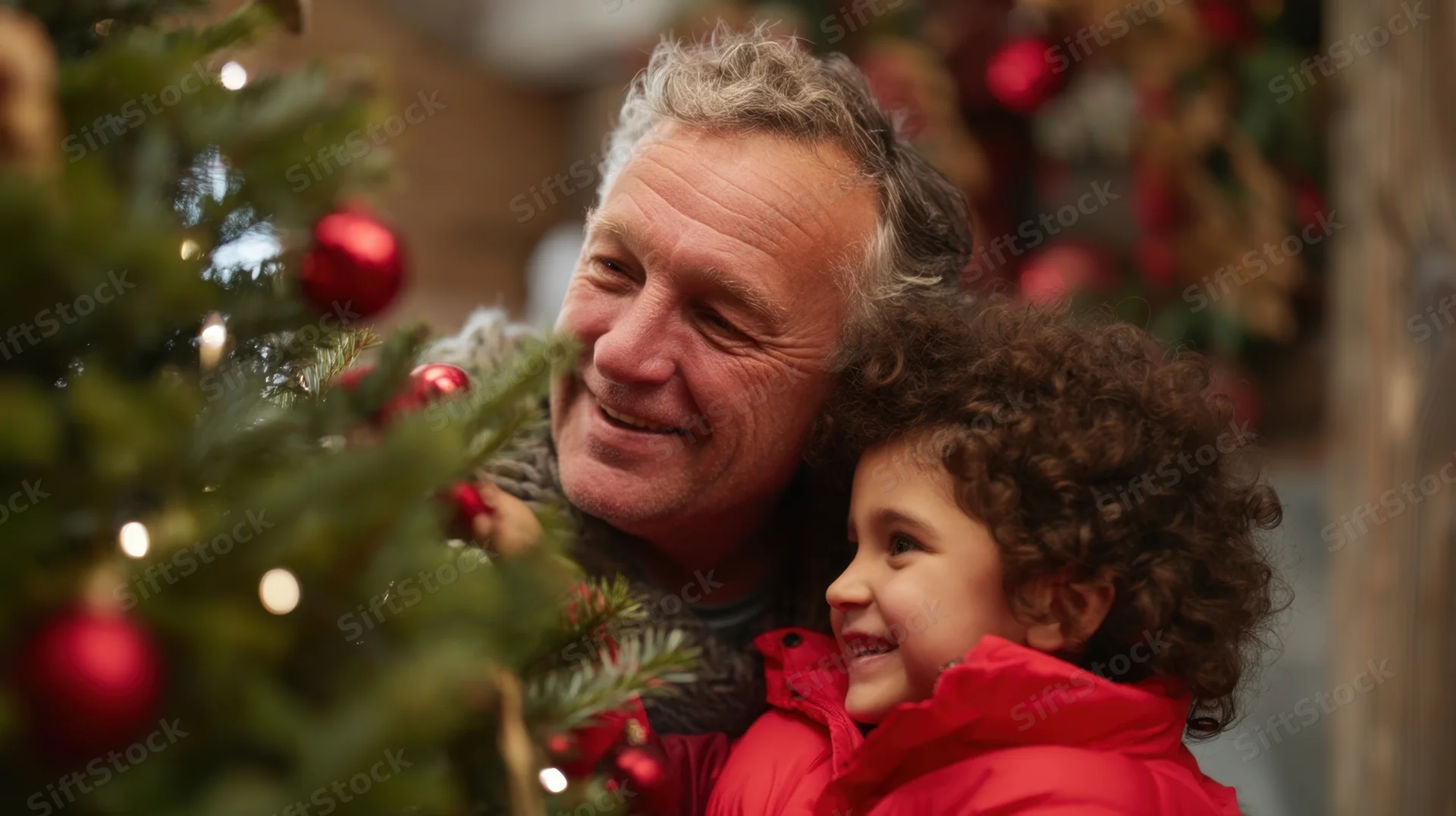 Father and child smiling together beside a decorated christmas tree indoors