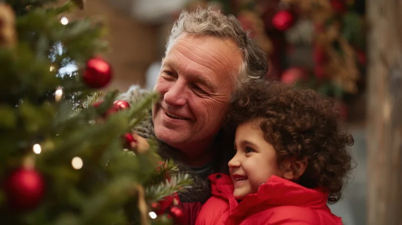 Father and child smiling together beside a decorated christmas tree indoors