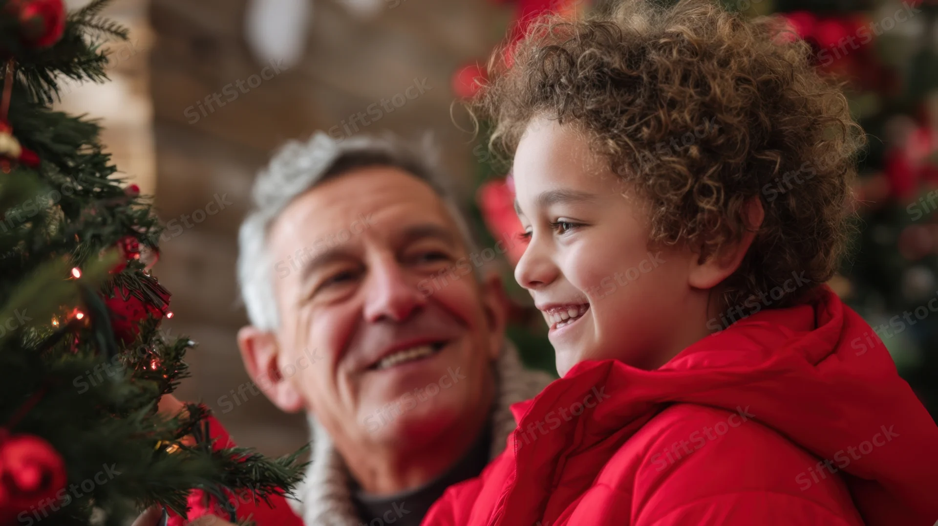 Child and grandfather smiling beside a decorated christmas tree indoors