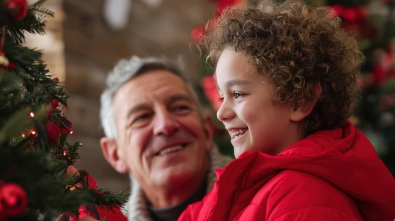 Child and grandfather smiling beside a decorated christmas tree indoors