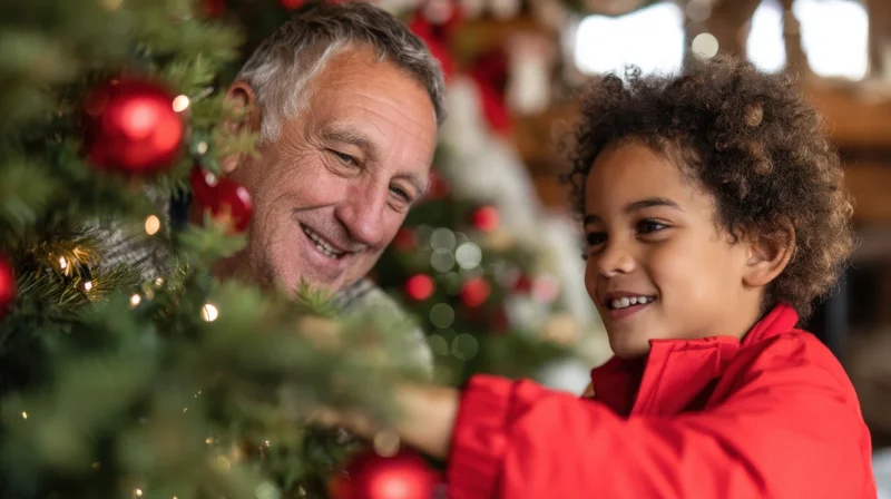 Grandfather and child decorating a christmas tree together indoors