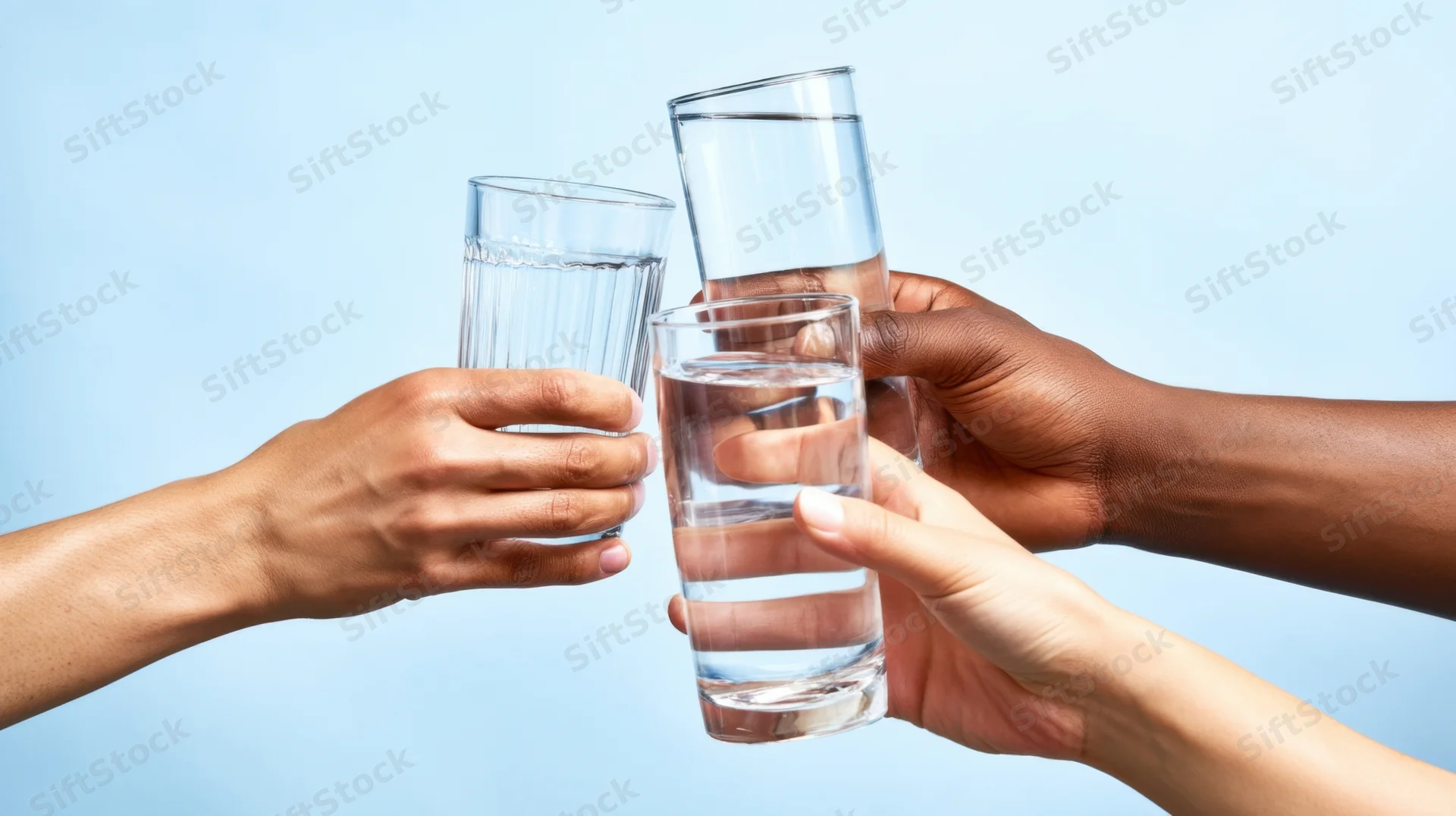 Three hands holding glasses of water clinking together in a toast against a light blue background