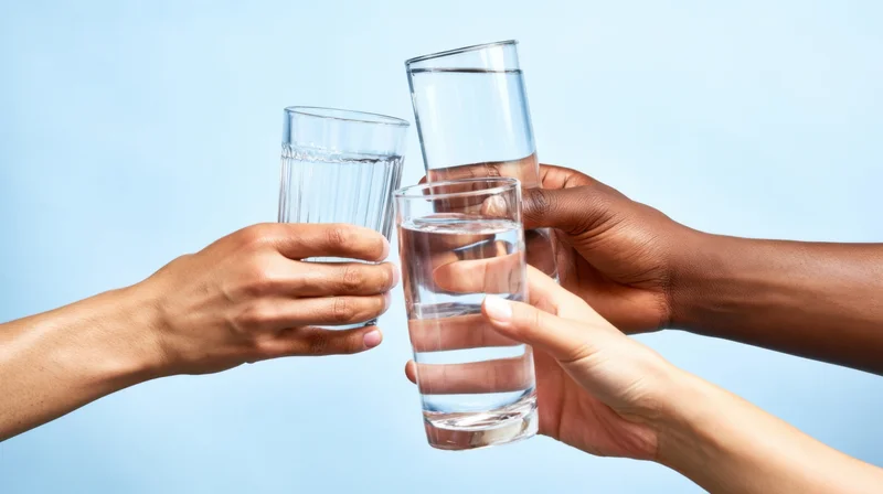 Three hands holding glasses of water clinking together in a toast against a light blue background