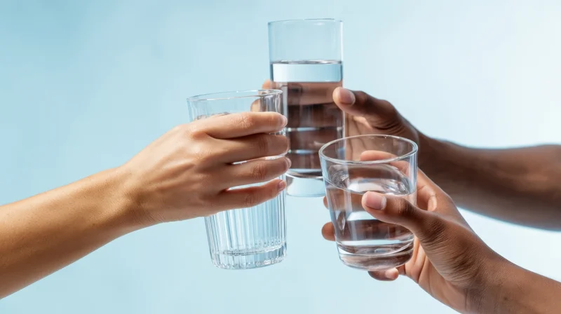 Three hands holding glasses of water toasting against a light blue background