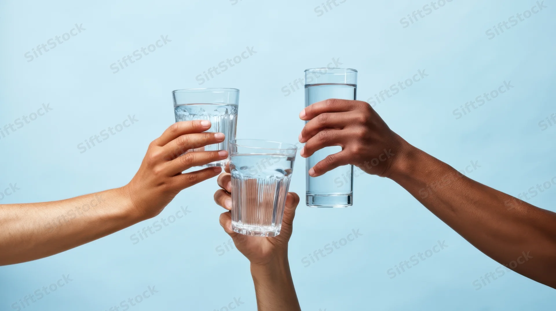 Three hands holding glasses of water toasting against a light blue background