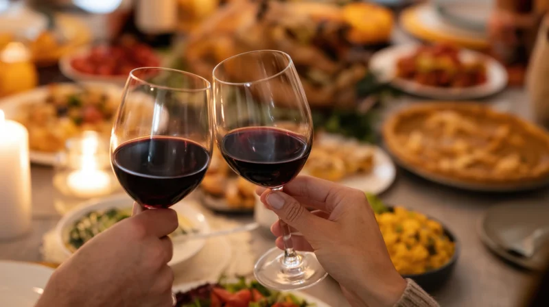 Two hands holding wine glasses toasting over a dinner table filled with food and candles