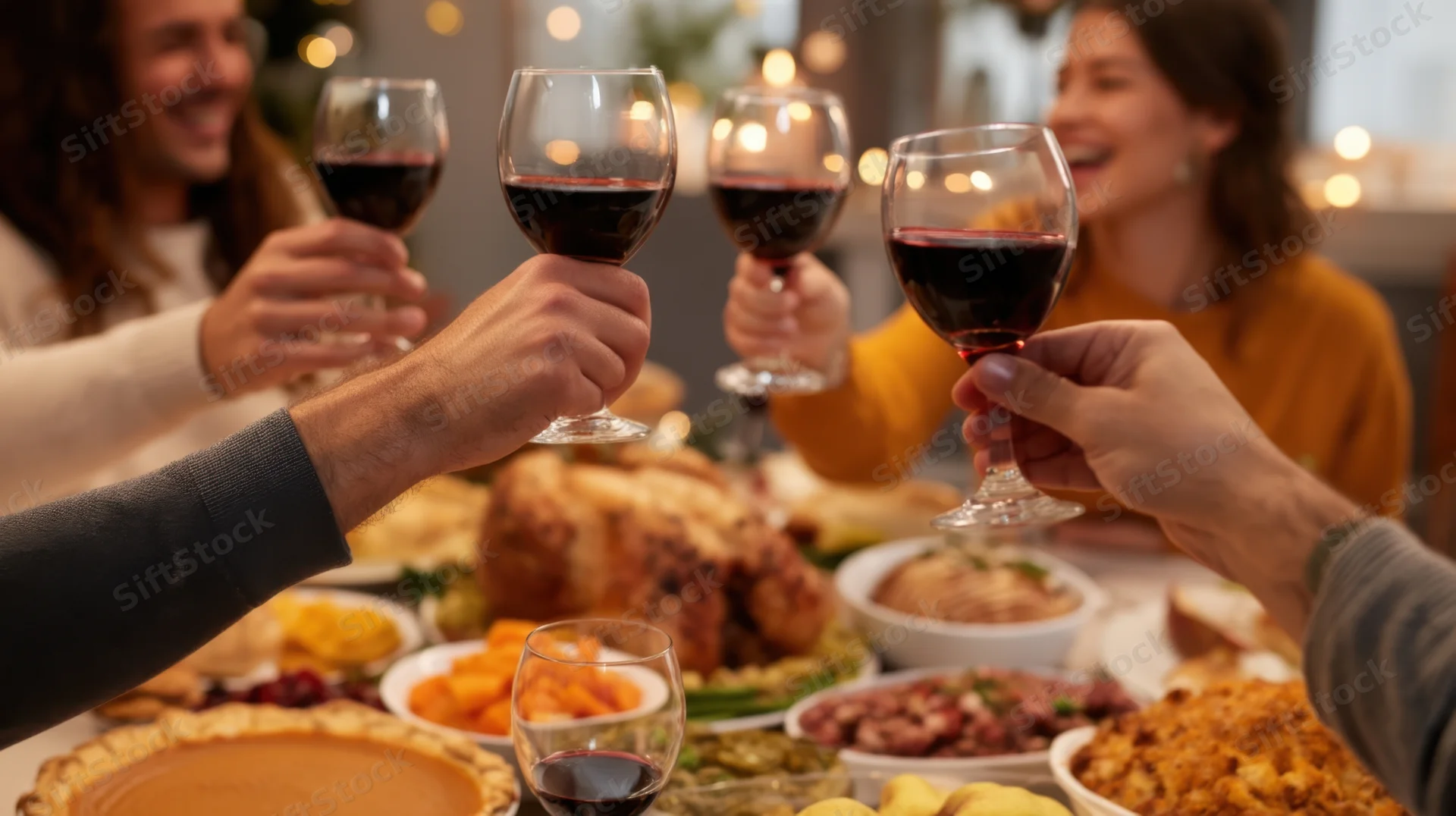 Family toasting with wine glasses over a thanksgiving dinner table filled with turkey and side dishes