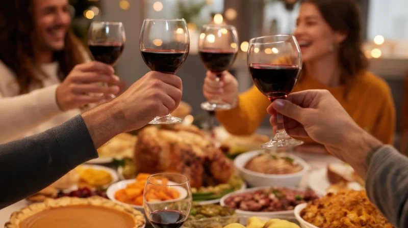 Family toasting with wine glasses over a thanksgiving dinner table filled with turkey and side dishes