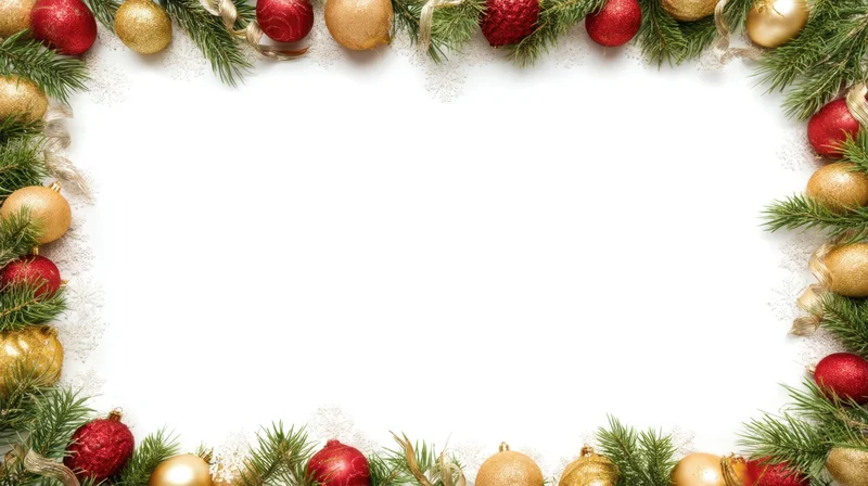 Christmas decoration frame with red and gold ornaments and pine branches on white background