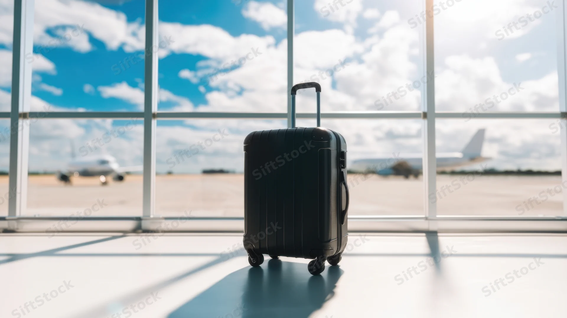 Black suitcase with extended handle standing on polished floor in front of large airport window overlooking tarmac and airplanes