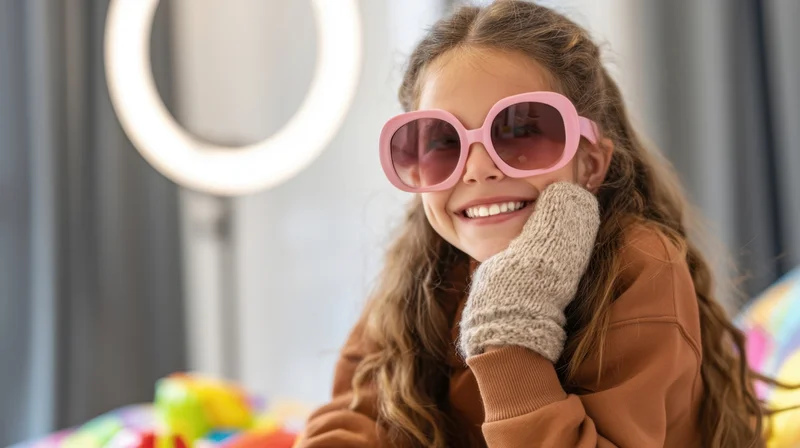 Smiling girl wearing pink sunglasses and knitted glove indoors near ringlight