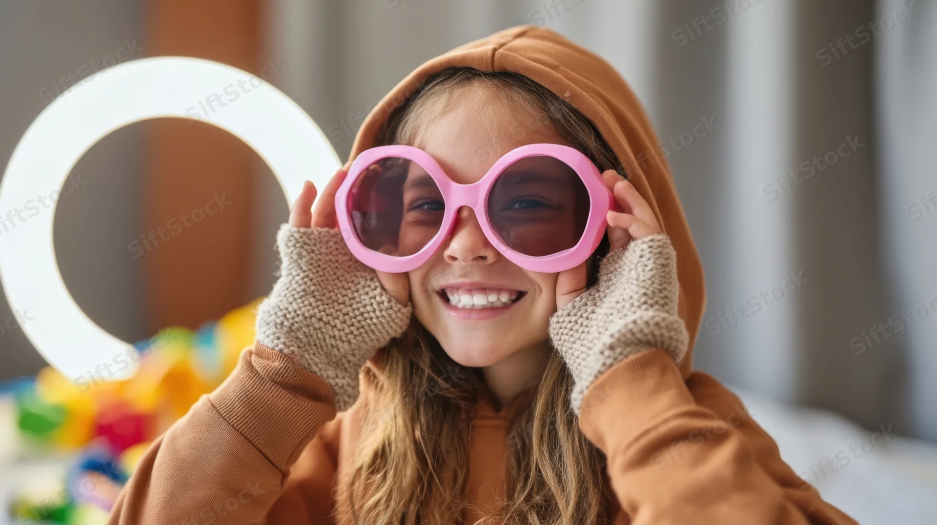 Smiling girl holding pink sunglasses in a cozy indoor setting