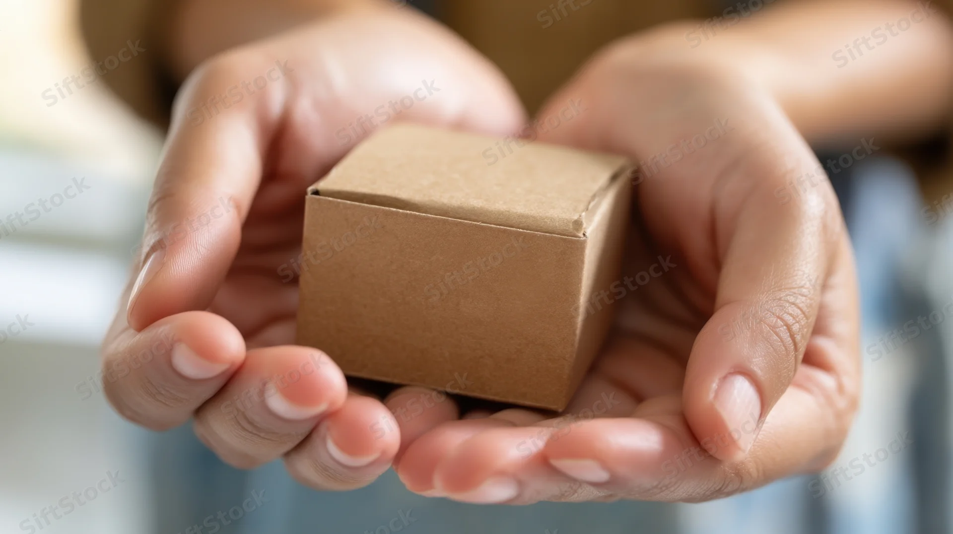 Hands holding a small brown cardboard box for gift or delivery