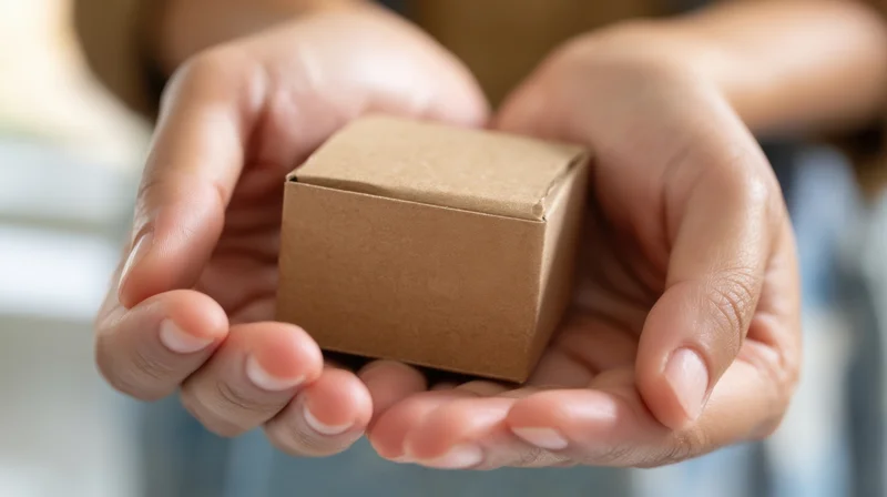 Hands holding a small brown cardboard box for gift or delivery