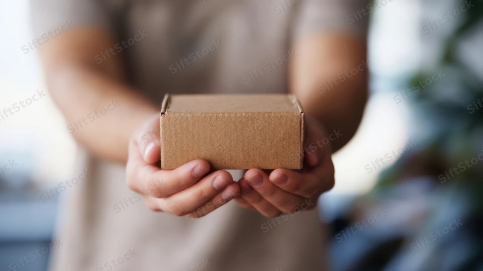 Hands holding a small cardboard box in front of the body indoors