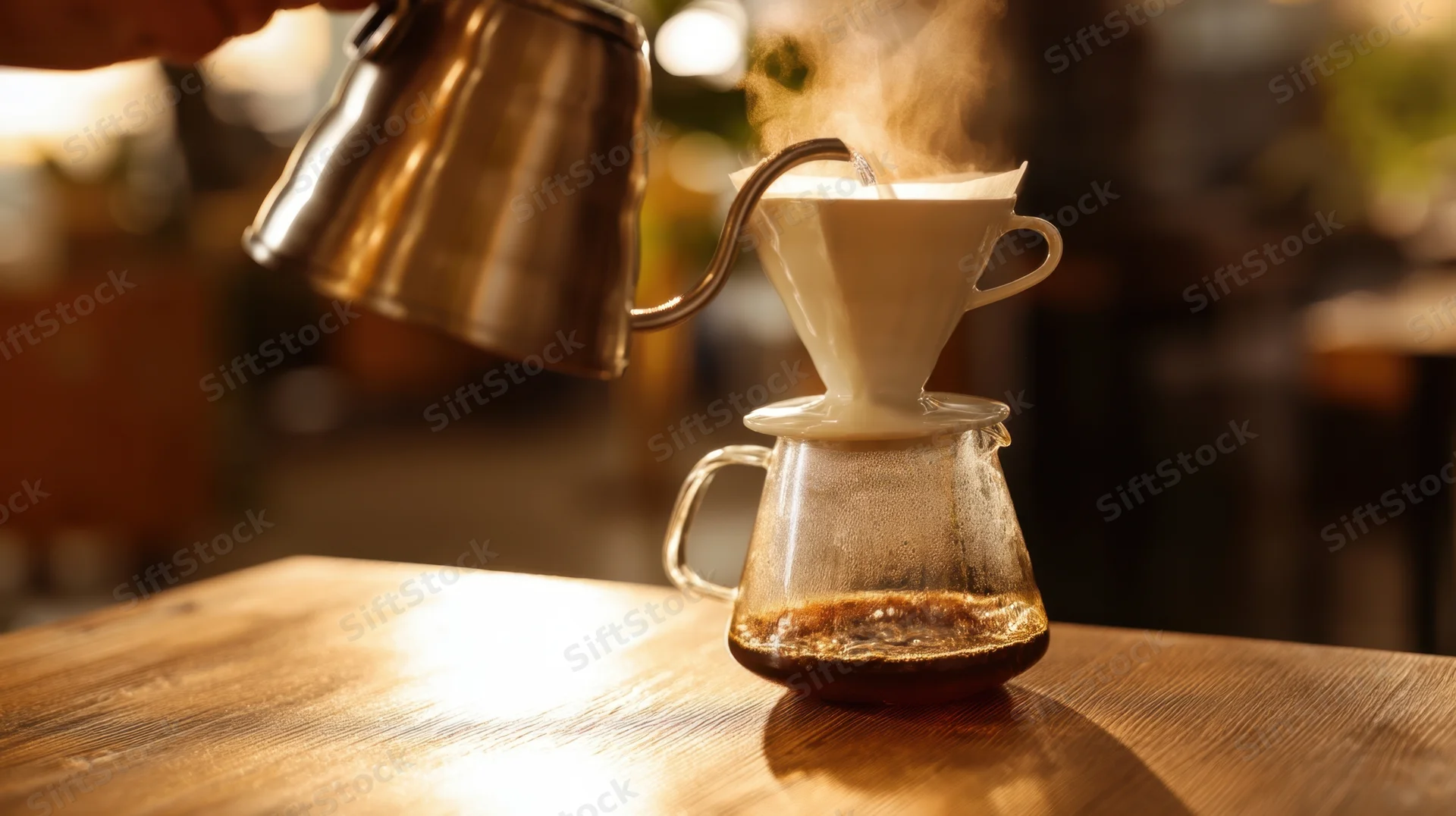 Hand pouring hot water from a kettle into a paper filter over a glass carafe on a wooden table