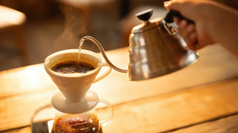 Hand pouring hot water from a kettle into a coffee filter on a wooden table
