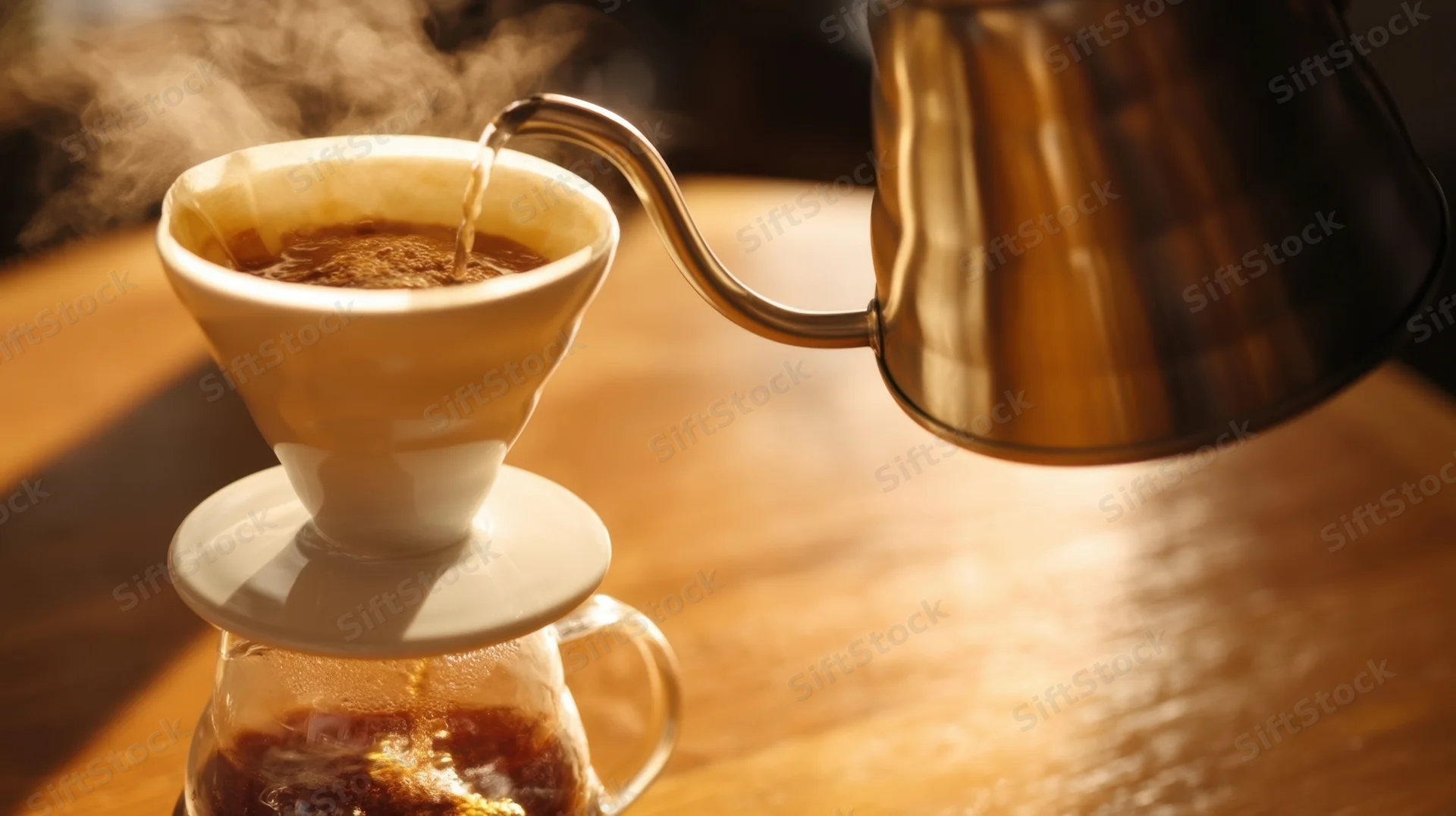 Hot water poured from a gooseneck kettle into a ceramic coffee filter on a wooden table