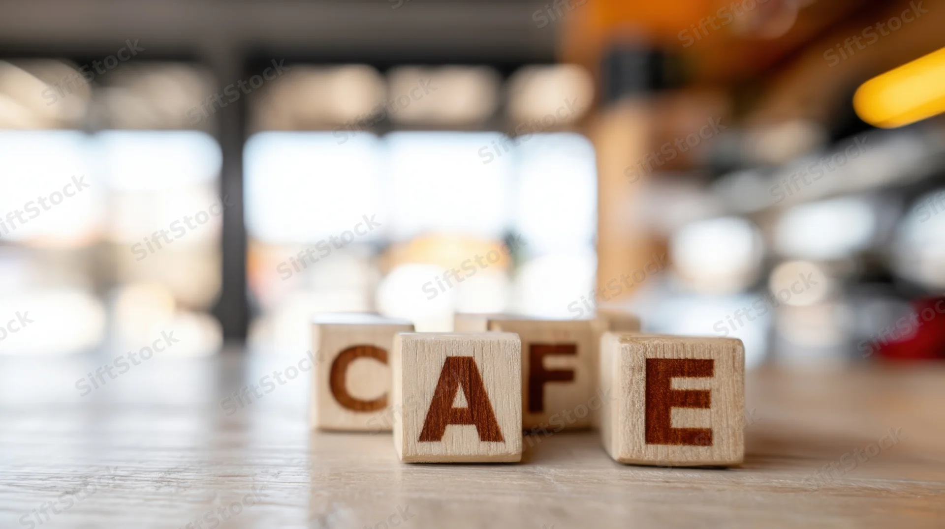 Wooden blocks spelling cafe on a table in a coffee shop interior