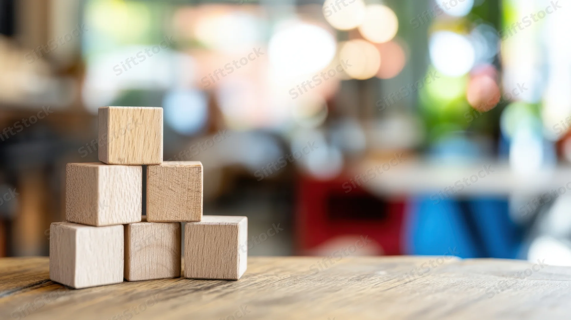 Wooden blocks stacked in pyramid shape on a wooden table with blurred background
