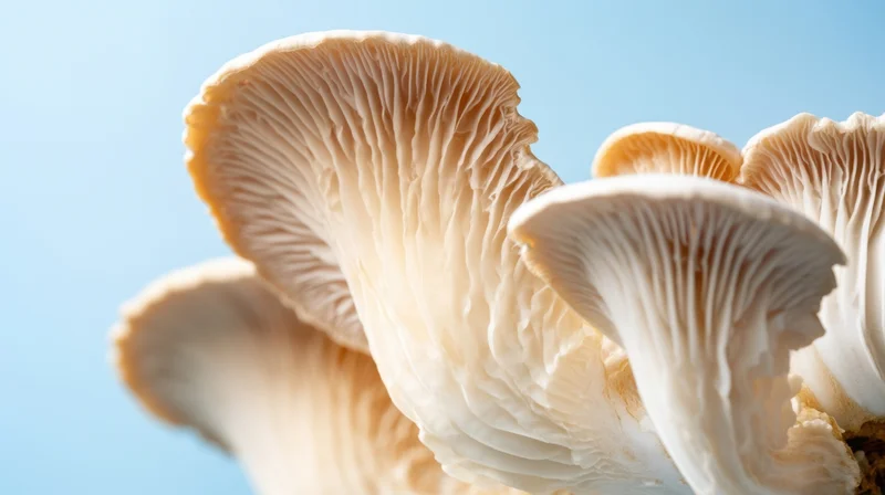 Closeup of oyster mushrooms showing gills and caps against a light blue background