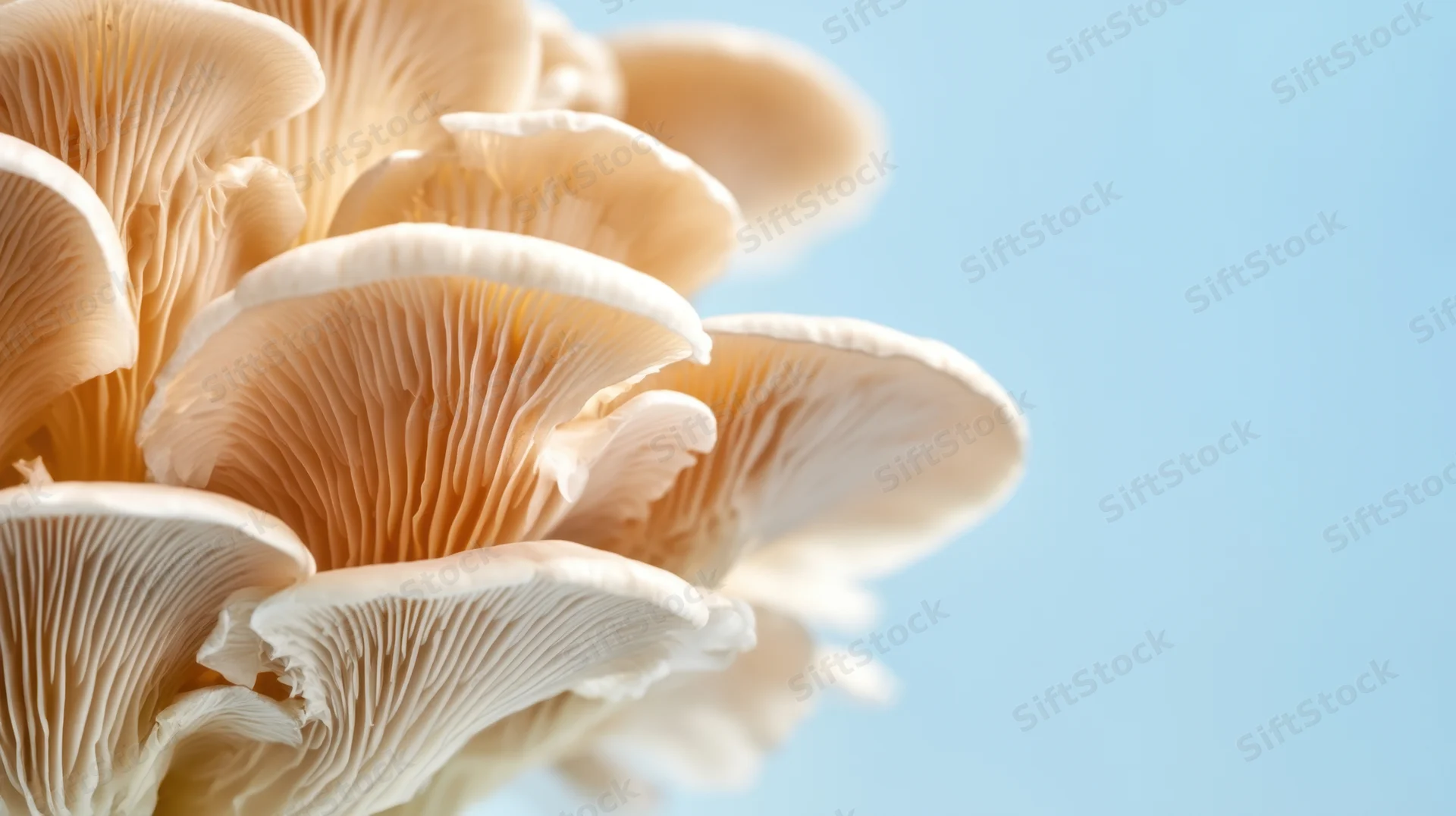 Closeup of oyster mushrooms with detailed gills and caps against a light blue background