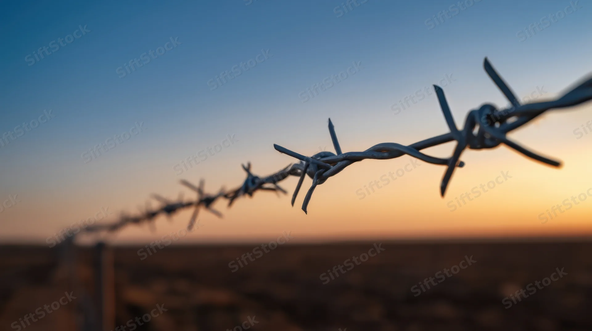 Barbed wire strand stretching across a rural landscape at sunset