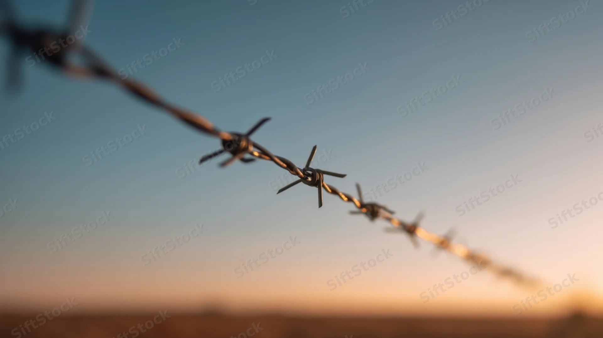 Barbed wire fence stretching across a rural landscape at sunset