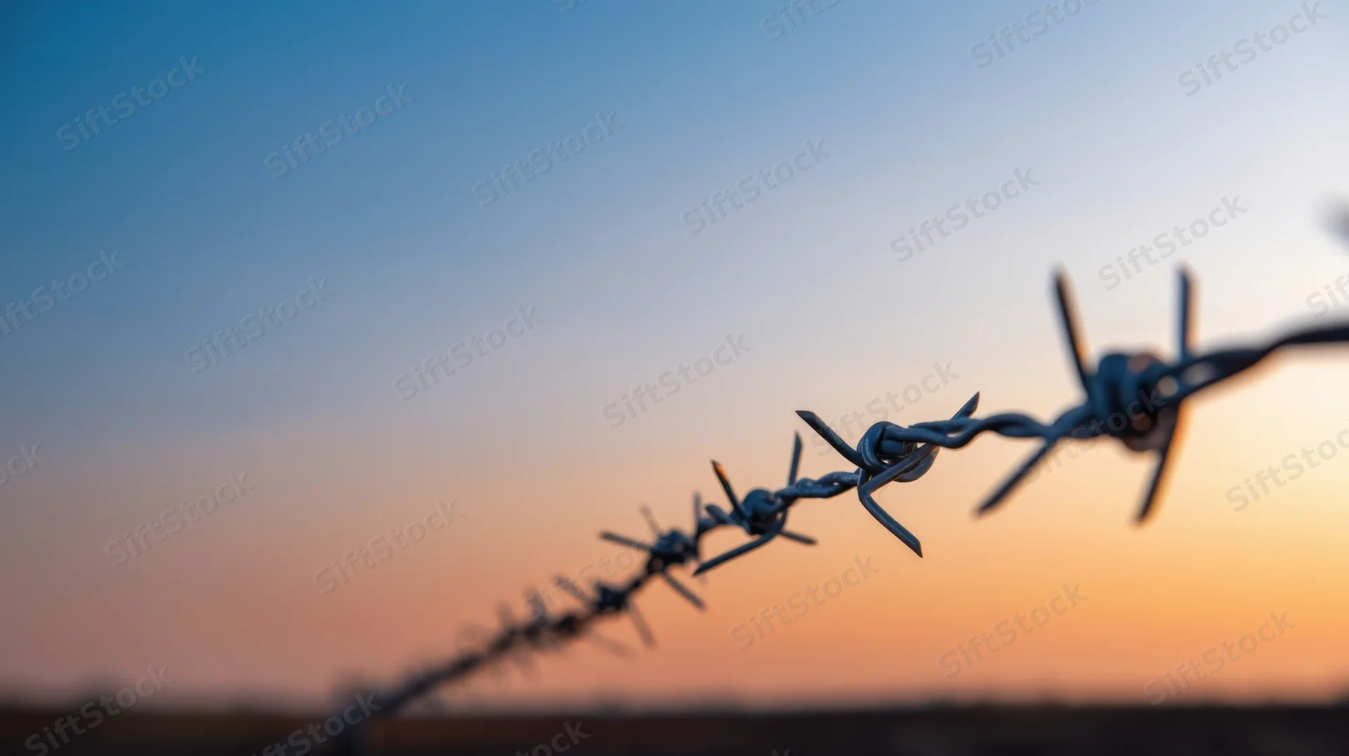 Barbed wire fence stretching across a rural landscape at sunset