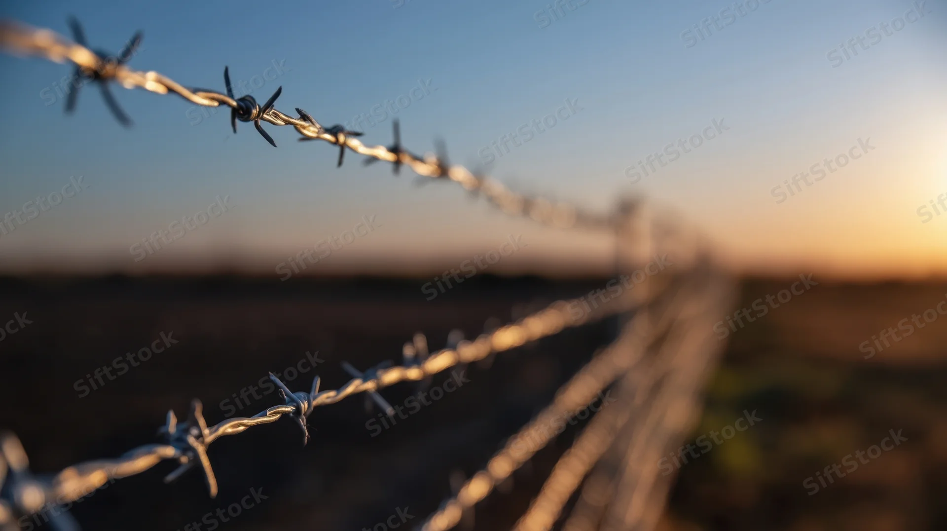 Barbed wire fence stretching across a rural field at sunset